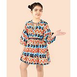 Naughty Ninos Three Fourth Balloon Sleeve Abstract Printed Fit And Flare Dress - Blue And Orange