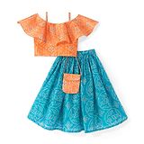 Babyhug Off Shoulder Spaghetti Sleeves  Bandhani Printed Blouse with Lehenga and Bag Set - Sky Blue & Coral