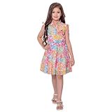 TINY BABY Sleeves Synthetic Fabric Floral Printed Party  Dress with Belt - Pink