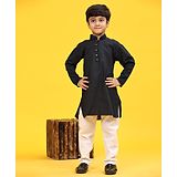 P-MARK Full Sleeves All Over Printed Solid Kurta Pyjama Set - Navy Blue