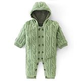 Yellow Apple Knitted Full Sleeves Winter Wear Front Open Hooded Romper with Cable Knit Design - Pistachio Green