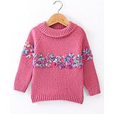 Yellow Apple Knitted Full Sleeves Sweater Floral Embroidery - Pink