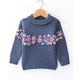 Yellow Apple Knitted Full Sleeves Sweater Floral Embroidery - Navy Blue