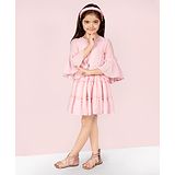 Naughty Ninos Three Fourth Bell Sleeves  Solid Tie Up Neck Fit And  Flared Dress - Pink