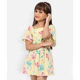 Nauti Nati Half Sleeves Floral Print Crepe Fit Flare Dress - Yellow