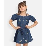 Nauti Nati Half Sleeves Floral Embroidered Denim Cotton Shirt Mini Dress With Belt - Blue