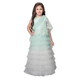 Betty By Tiny Kingdom Sleeveless Floral Self Design Shimmer Finish Ombre Effect Tulle Layered Party Gown With Dupatta  -  Pista Green