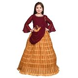 Betty By Tiny Kingdom Three Fourth Bell Sleeves Bead Work Embellished & Embroidered With Flower Applique Detailed Flared Gown With Attached Dupatta - Maroon & Mustard Yellow