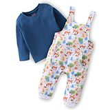 Babyhug Cotton Knit Fox Printed Dungaree with Full Sleeves Solid Colour T-Shirt - Blue & Offwhite