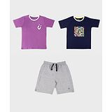 UMILDO Pack Of 3 Half Sleeves Graphic Printed T Shirt And Shorts - Purple Blue & Grey