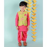 KID1 Full Sleeves Solid Kurta And Dhoti With Flower Printed & Diamond Checked Design Veer Jacket  - Green & Pink