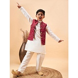 Vastramay Full Sleeves Solid Kurta & Pyjama With Sequin Embellished Floral Woven Designed Nehru Jacket - Cream & Maroon