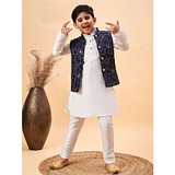 Vastramay Full Sleeves Solid Kurta & Pyjama With Sequin Embellished Floral Woven Designed Nehru Jacket - White and Navy Blue