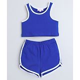 Taffykids Sleeveless Solid Crop Top And Mini Shorts Set- Blue & White