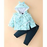 Pepito Cotton Knit Full Sleeves Quilted Hooded Winter Wear Suit Bear Print - Blue