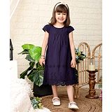 Beebay Cap Sleeves Floral Schiflli Embroidered A Line Dress - Navy Blue