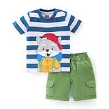 Babyhug 100% Cotton Single Jersey Knit Half Sleeves T-Shirt & Shorts Stripes & Fox Print - Green & Blue