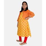 Kiddopanti Sleeveless Floral  Printed And Abstract Striped Kurta With Crop Shrug & Solid Legging Set - Mustard & Red