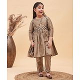 Vastramay Three Fourth Sleeves  Leaves Motif Printed Anarkali Kurta & Churidar  With Potli Bag - Brown