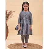 Vastramay Three Fourth Sleeves  Leaves Motif Printed Anarkali Kurta & Pyjama  With Potli Bag -  Grey