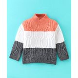 Yellow Apple Knitted Full Sleeves Sweater With Cable Knit - White  & Peach