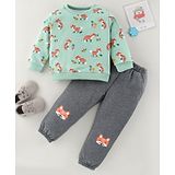 ToffyHouse Full Sleeves T-Shirt & Lounge Pant Co-rd Set With Fox Print - Green & Grey