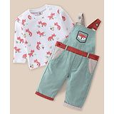 ToffyHouse Cotton Corduroy Dungaree with Fox Printed Full Sleeve Inner T-Shirt - Green