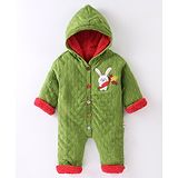 Yellow Apple Knit Full Sleeves Bunny Embroidery Winter Wear Hooded Romper - Green