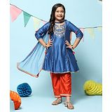 BIBA Three Fourth Sleeves Floral Embroidered & Laced Embellished Kurta Pyjama With Dupatta Suit Set - Blue