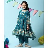 BIBA Three Fourth Sleeves Floral Printed & Lace Embellished Tiered Kurta & Palazzo With Dupatta - Teal Blue