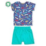 GREENDIGO 100% Organic Cotton Half Sleeves Vehicle Printed Top & Shorts Set  -Grey And Blue