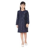 Peppermint Full Sleeves Seamless Sequin Embellished & Floral Applique Detailed Fit & Flare Dress - Navy Blue