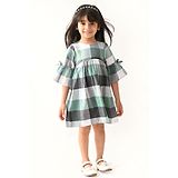 Beebay Three Fourth Bell Sleeves Buffalo Checked  Dress  - Green