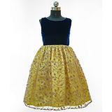 HEYKIDOO Sleeveless Floral Embroidered Velvet Party Wear Frock-Yellow & Navy Blue