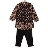 Tiber Taber Full Sleeves Jaipuri Floral Printed Kurta & Pyjama With Floral Motif Designed Jacket - Black