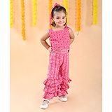 Budding Bees Sleeveless Motif Printed Top With Striped Pattern Designed & Lace Embellished Sharara - Pink