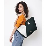 KLEIO Vegan PU Color Block Shopping Tote Hangbag with Zip Closure for Women and Girls(HO4018KL-DG)- Dark Green