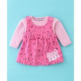 Wonderchild Full Sleeves Solid Top With Kittens Embroidered & & Printed  Dungaree Style Dress - Pink