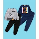 BLUSHES Pack Of 2 Full Sleeves Panda & Palm Tree Printed Tee & Pajama Set - Navy Blue Melange Grey  & Black