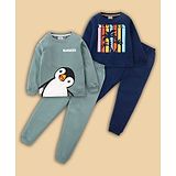 BLUSHES Pack Of 2 Full Sleeves Penguin & Palm Tree Printed Tee & Pajama Set - Navy Blue  & Olive Green