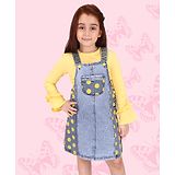 Cutecumber Full Sleeves Solid Top With Polka Dot Printed Pinafore Styled Dungaree - Yellow