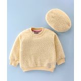 Little Kangaroos Full Sleeves Cable Knit Party Top with Hat - Lemon Yellow