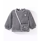 Little Kangaroos Cotton Full Sleeves  Drop Shoulder Party Top with Glitter Print & Sling Bag - Charcoal Grey