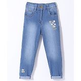 Little Kangaroos 100% Cotton Full Length  Denim Jeans With Floral Embroidery - Light Blue