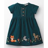 Beebay Half Sleeves  Animals Embroidered Corduroy Dress - Green