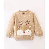 Little Kangaroos Full Sleeves Winter Wear Top Glitter Polka Print & Reindeer Applique - Light Brown