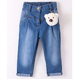 Little Kangaroos Denim Full Length Solid Jeans With Bear Applique- Blue