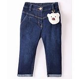 Little Kangaroos Denim Full Length Solid Jeans With Bear Applique- Dark Blue