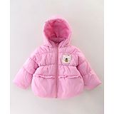 Little Kangaroos Full Sleeves Quilted Winter Jacket with Bear Patch - Pink