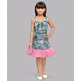 PinkChick Sleeveless Pleated Neckline Detailed & Doodle Art Printed A Line Dress - Teal Blue